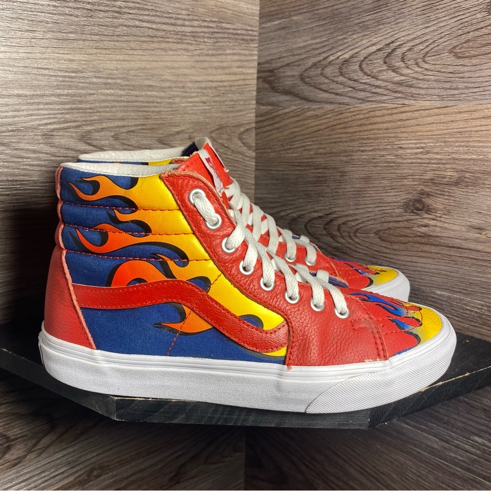Vans High-Top Sneakers in Red, Yellow & Blue with Flame Graphic